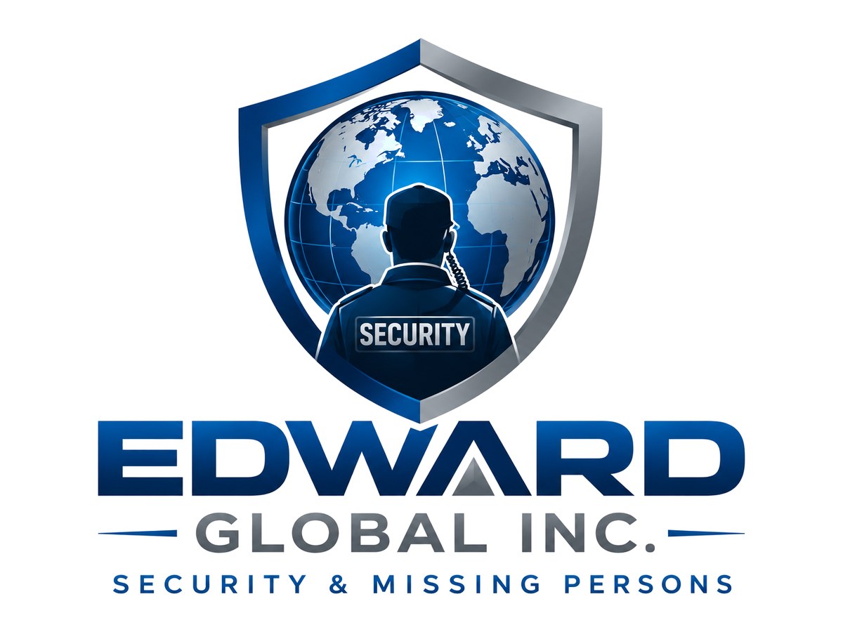 Logo concept for Edward Global Inc. showing a security guard in front of a globe inside a shield
